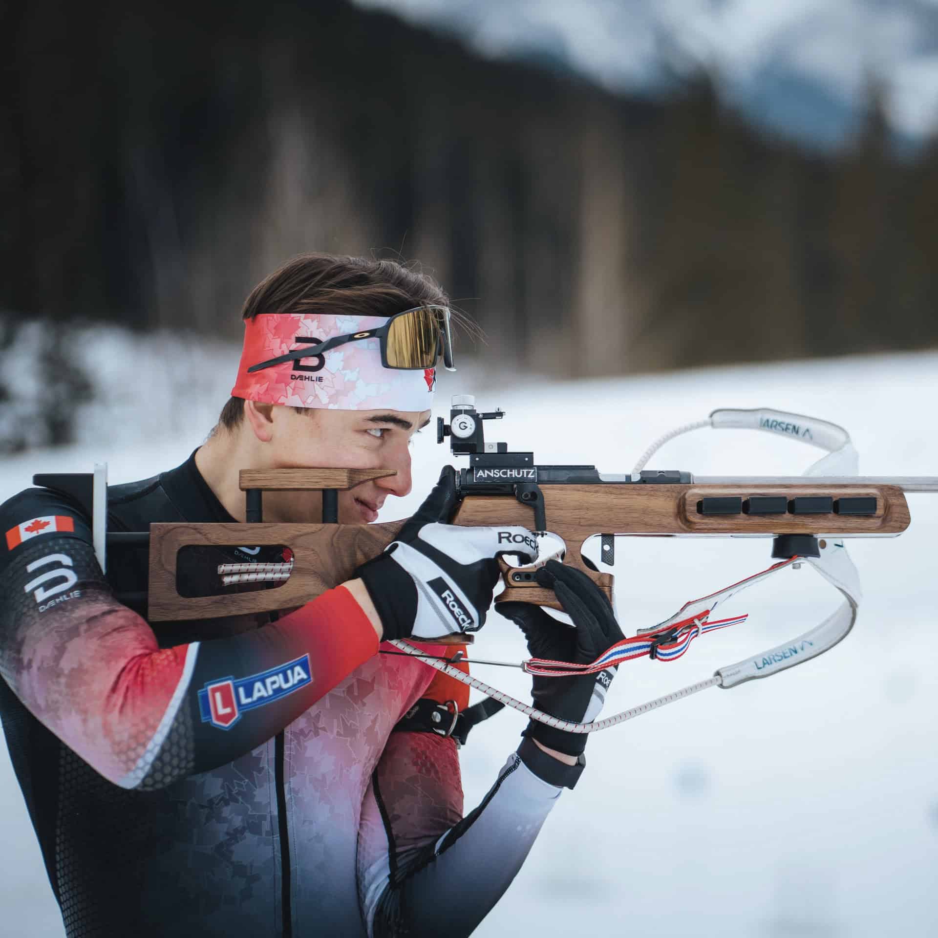 Biathlete using the Naylor 1 Biathlon Stock with Anschutz 1827F Fortner rifle attached