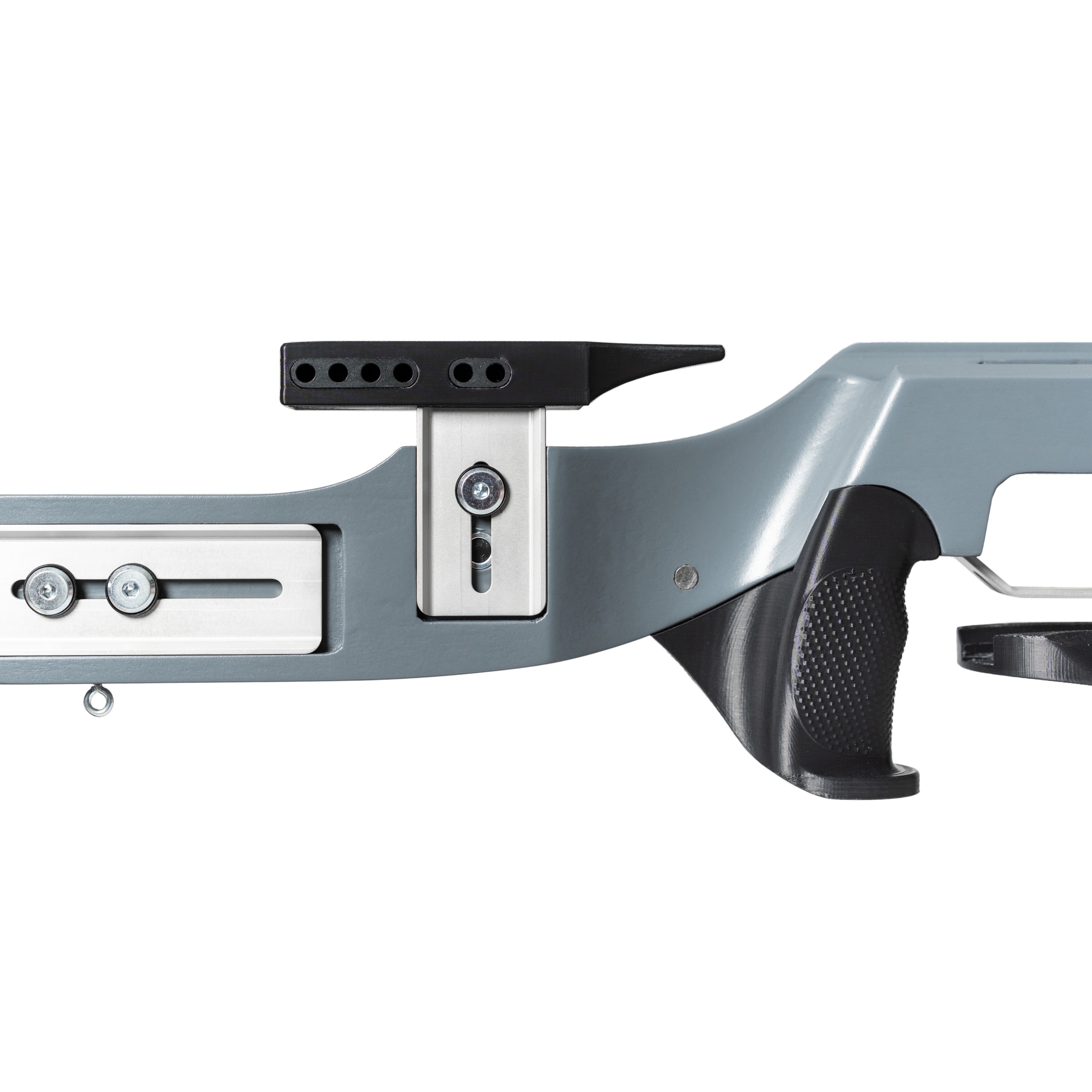 Close up of adjustment ability for the Naylor 2 biathlon stock on a white background