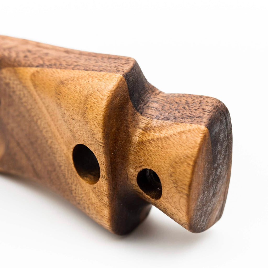 Standing grip for Anschutz 1827F Fortner biathlon rifles in walnut, in detailed close up view